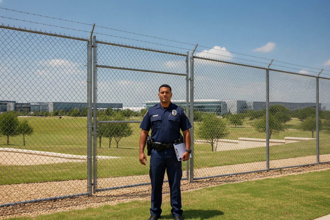 Commissioned armed security officer on duty at a data center gate in Round Rock, Texas
