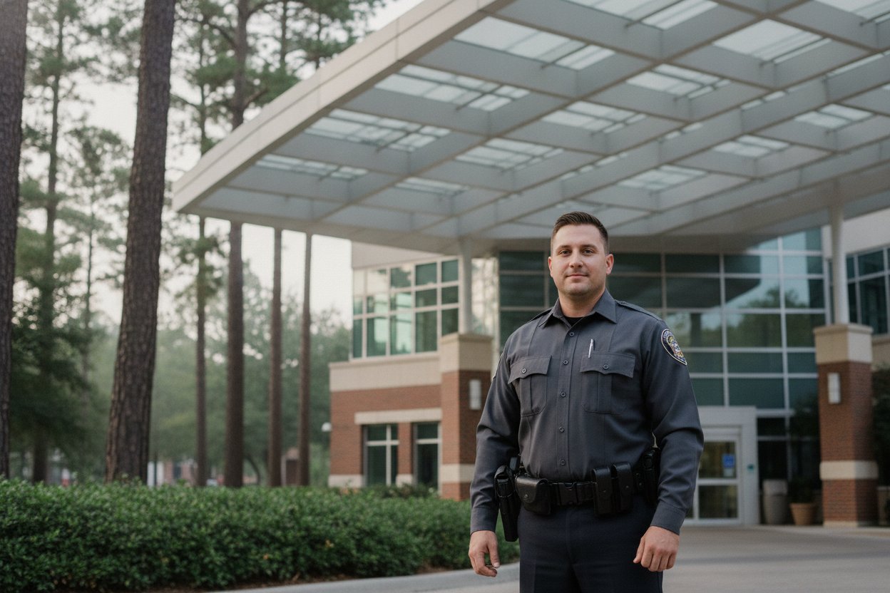 Armed commissioned security officer at a medical center entrance in The Woodlands, Texas