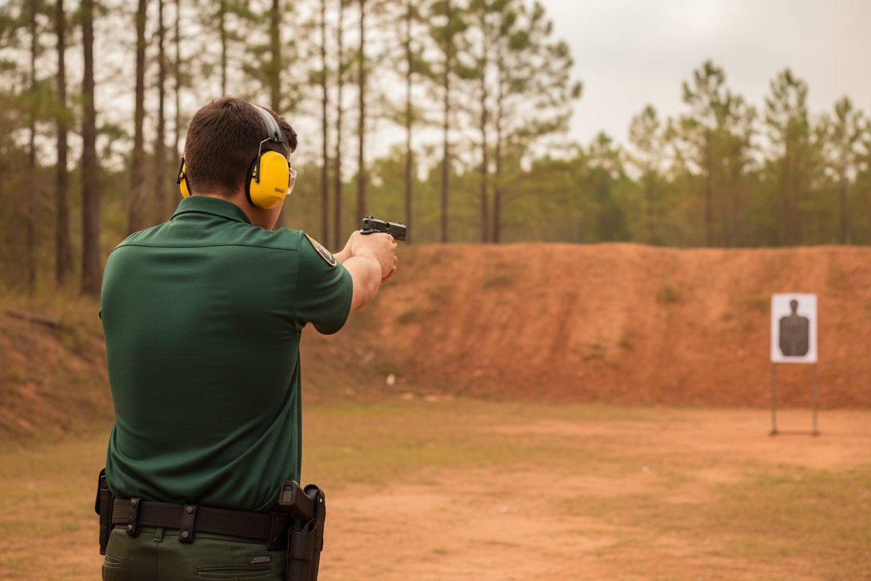 Security officer qualifying with a handgun at an outdoor range near Tyler, Texas