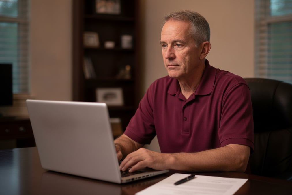Veteran security officer completing online renewal training at home