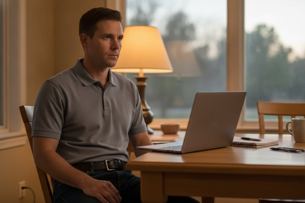 Security officer studying an online Level 2 course on a laptop at home