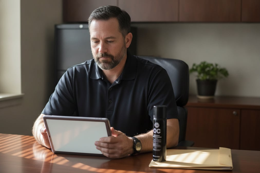 Security officer taking an online OC pepper spray course on a tablet