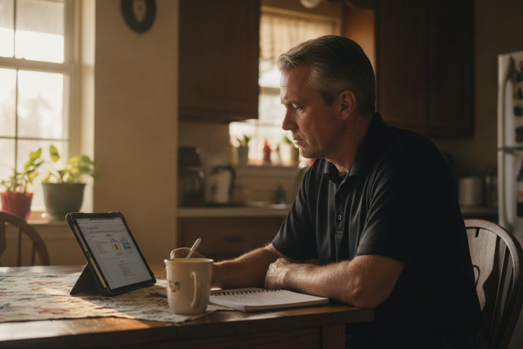 Experienced Texas security officer in a plain black uniform polo reviewing his armed security recertification course on a tablet at his kitchen table