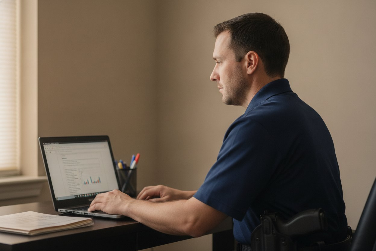 Texas commissioned security officer in a plain navy security polo with a holstered sidearm, studying the Level III online course on a laptop at a home desk