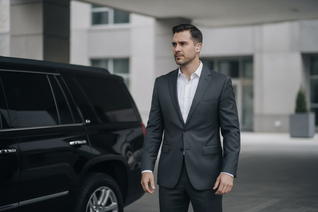 Personal protection officer in a charcoal business suit with a discreet earpiece standing alert beside a black SUV at a building entrance