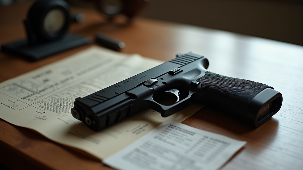 Close-up view of a handgun and training materials on a table