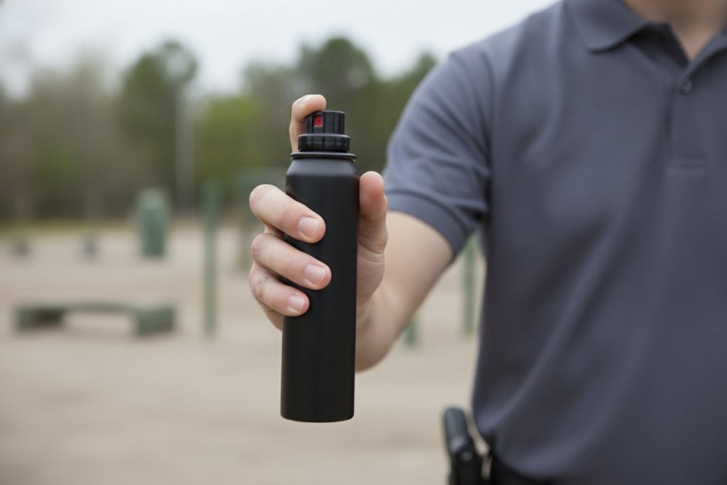 Security officer in a plain grey uniform polo holding a black OC pepper spray canister with a flip-top safety lid in a low-ready position at an outdoor training area