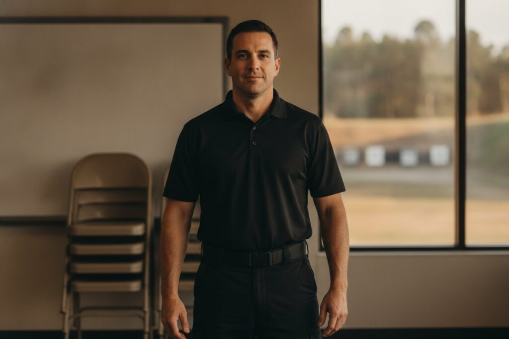 Texas private security officer standing in an ETXSTA training classroom with the outdoor shooting range visible through the window