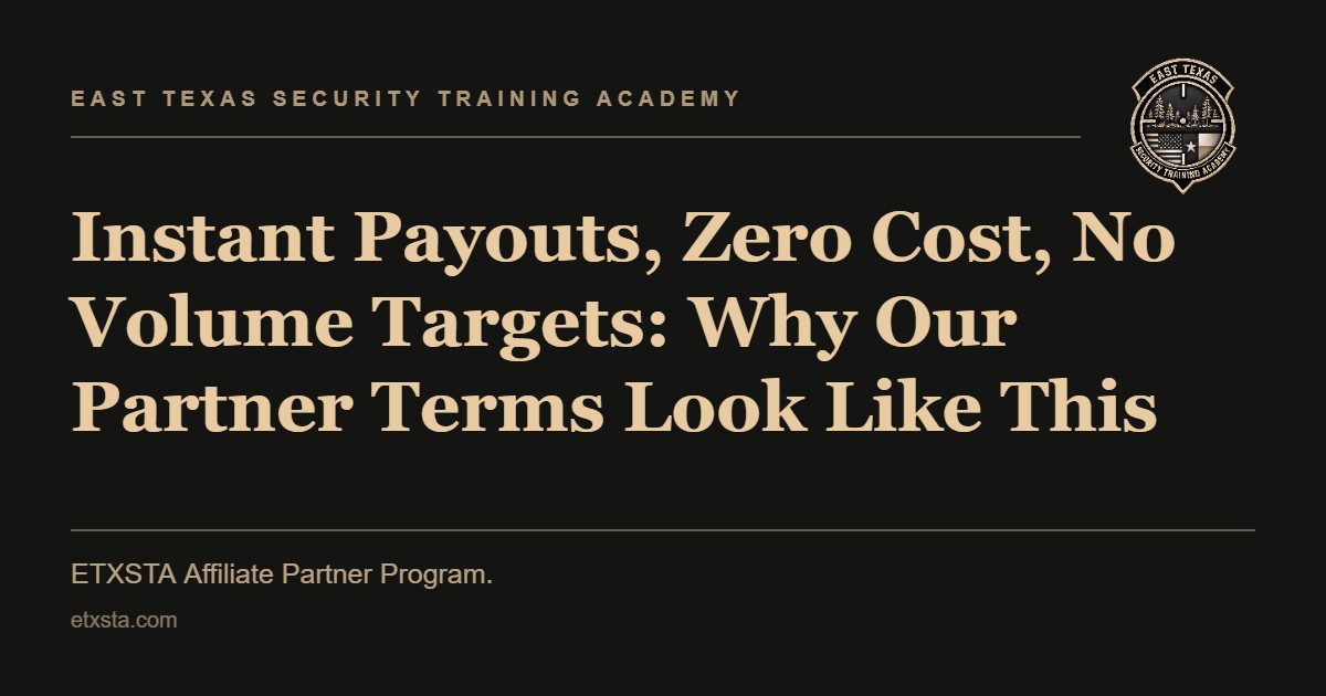 ETXSTA title card reading Instant Payouts, Zero Cost, No Volume Targets: Why Our Partner Terms Look Like This