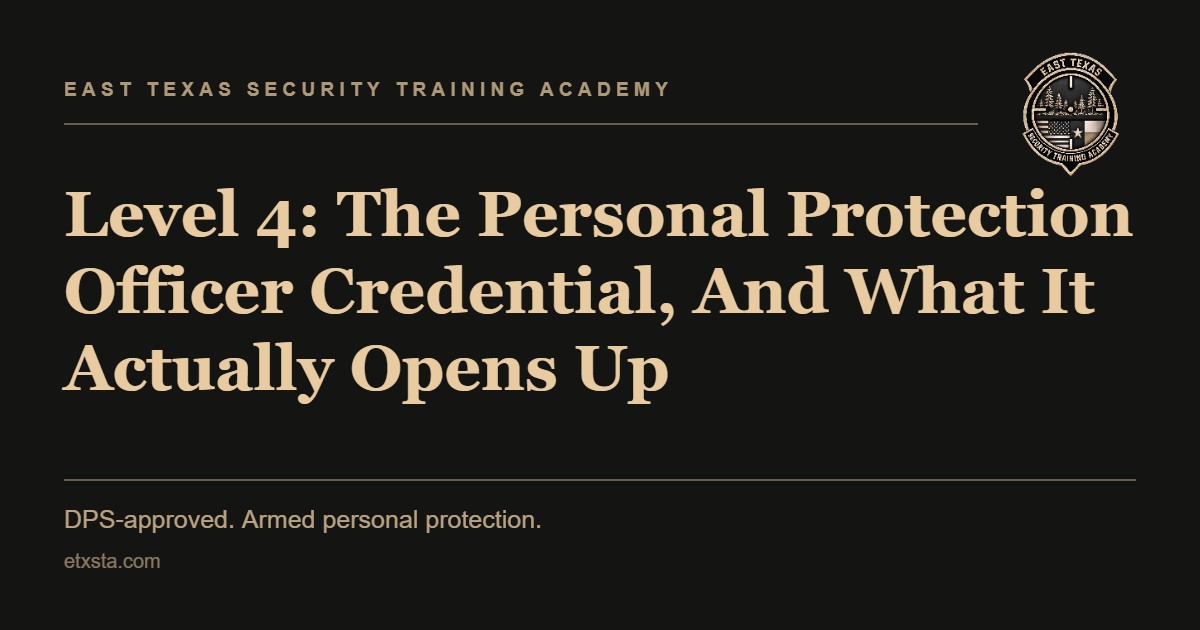 ETXSTA title card reading Level 4: The Personal Protection Officer Credential, And What It Actually Opens Up