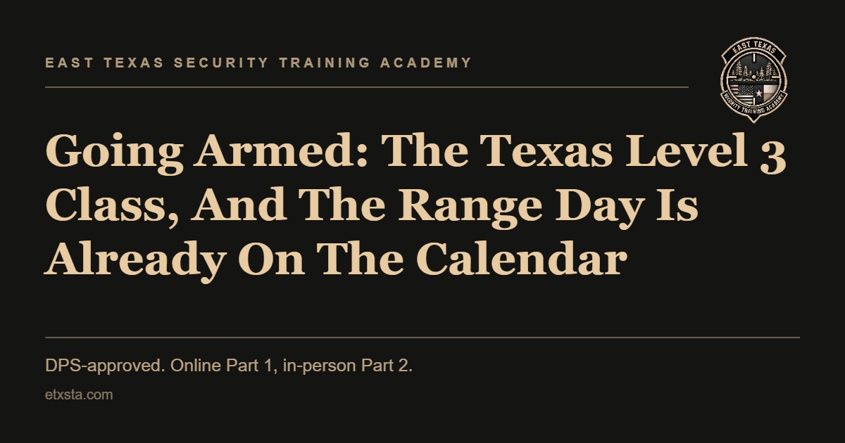 ETXSTA title card reading Going Armed: The Texas Level 3 Class, And The Range Day Is Already On The Calendar
