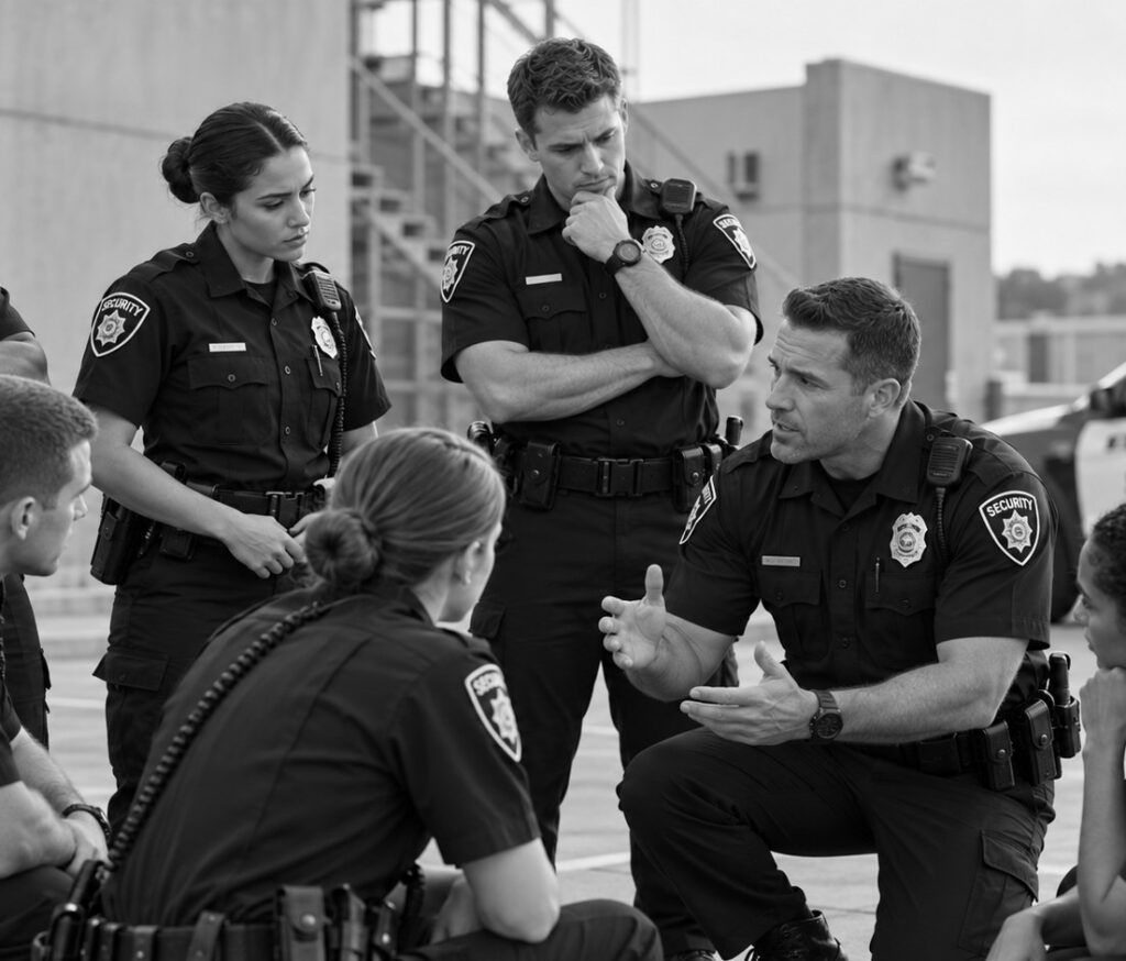 Uniformed security officers gathered in a semicircle, listening as a supervisor briefs them