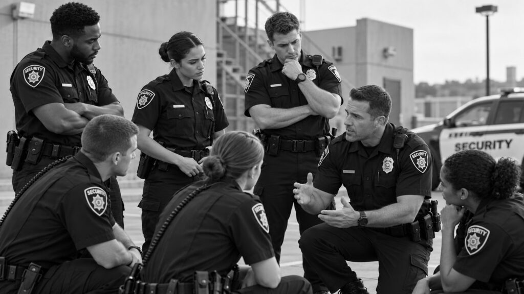 Uniformed security officers gathered in a semicircle, listening as a supervisor briefs them