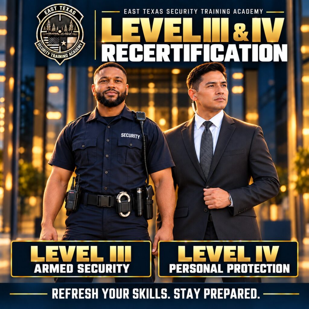 ETXSTA course graphic for Texas Level 3 and Level 4 recertification, showing an armed security officer in uniform standing beside a personal protection officer in a suit, captioned Armed Security and Personal Protection.