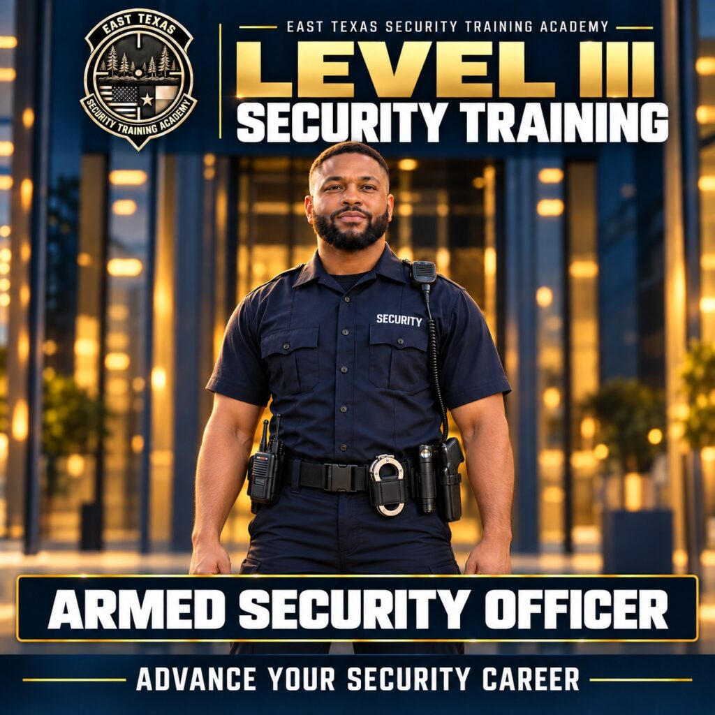 ETXSTA course graphic for Texas Level 3 security training, showing an armed commissioned security officer in a navy uniform with duty belt, radio and holstered sidearm, captioned Armed Security Officer.