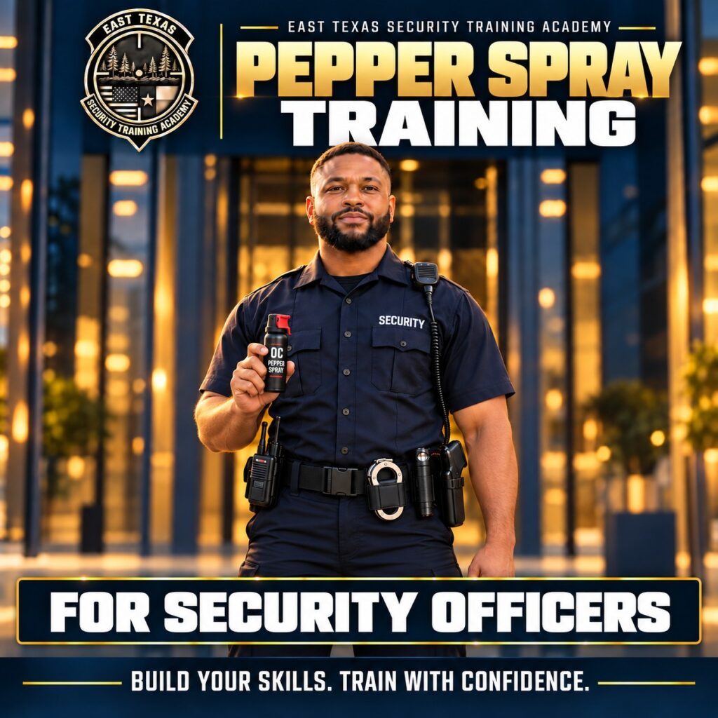 ETXSTA course graphic for OC pepper spray training, showing a security officer in uniform holding a canister of OC pepper spray, captioned For Security Officers.